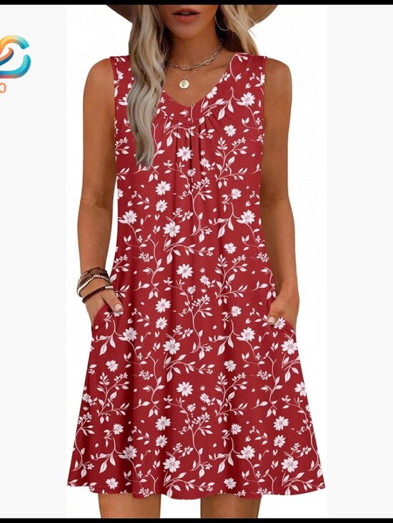 Dresses & Skirts - Sleeveless V-Neck Pleated Sundress with Pockets, Knee Length Casual Dress